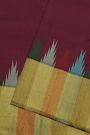 Kancheepuram Silk Wine Saree With Contrast Multicolour Temple Border And Kaddi Pallu