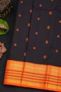 Kancheepuram Silk Black Saree With Orange Buttas And Traditional Zari Border