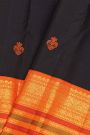 Kancheepuram Silk Black Saree With Orange Buttas And Traditional Zari Border