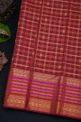 Kancheepuram Silk Maroon Saree With Florals And Peacocks In Checks Body And Self Zig-Zag Lines And Florals Border