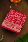 Banarasi Silk Red Saree With Animals And Women Motifs Border