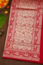 Banarasi Silk Red Saree With Animals And Women Motifs Border