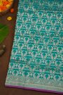 Banarasi Silk Teal Blue Saree With Florals And Pecocks Body