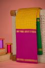 Kancheepuram Silk Yellow Saree With Ganga Jamuna Gap Border