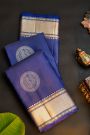 Kancheepuram Silk Royal Blue Saree With Florals In Circles Body And Self Cross Lines Border