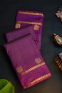Kancheepuram Silk Purple Saree With Zari Checks Body And Self Peacock Buttis In Gap Border