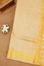 Fancy Kora Light Orange Saree With Florals And Peacocks In Thread Work Body And Contrast Zig-Zag Lines Border And Zari Lines Pallu