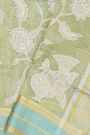 Fancy Kora Sage Green Saree With Florals And Peacocks In Thread Work Body And Contrast Zig-Zag Lines Border And Zari Lines Pallu