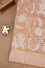 Fancy Kora Peach Saree With Florals And Peacocks In Thread Work Body And Self Zig-Zag Lines Border And Zari Lines Pallu