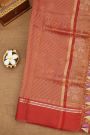 Fancy Kora Light Brown Saree With Florals And Leaves In Thread Work Body And Contrast Cross Lines Border And Zari Lines Pallu