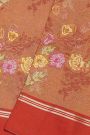 Fancy Kora Light Brown Saree With Florals And Leaves In Thread Work Body And Contrast Cross Lines Border And Zari Lines Pallu