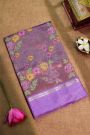Fancy Kora Dual Colour Saree With Florals And Leaves In Thread Work Body And Contrast Cross Lines Border And Zari Lines Pallu