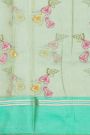 Fancy Kora Dual Colour Saree With Florals And Leaves In Thread Work Body And Contrast Cross Lines Border
