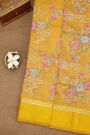 Fancy Kora Yellow Saree With Florals And Leaves In Thread Work Body And Self Cross Lines Border