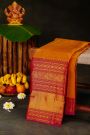 Kancheepuram Silk Mustard Saree With Yalis And Peacock Border