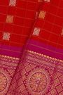 Gadwal Silk Red Saree With Florals And Leaves In Zari Checks Body