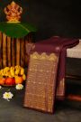 Kancheepuram Silk Dark Wine Colour Saree With Gandaberunda Buttis Body