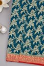 Banarasi Georgette Teal Blue Saree With Florals, Leaves And Parrots Body