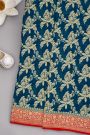 Banarasi Kaddi Georgette Teal Blue Saree With Florals And Parrots Body