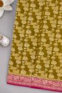 Banarasi Kaddi Georgette Mehendi Green Saree With Florals And Cows Body