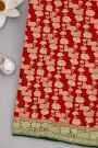 Banarasi Georgette Red Saree With Florals And Leaves With Cows Border