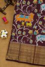 Ikat Silk Brown Saree With Florals And Pichwai Cows Body