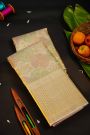 Kancheepuram Silk Off White Saree With Triangle-Shaped Gold Zari Border