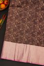 Kancheepuram Silk Brown Saree With Mat Finishing Zari Jaal Pastel Border