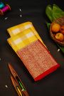 Kancheepuram Silk Multi Colour Checks Yellow Saree With Red Jaal Border