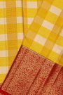 Kancheepuram Silk Multi Colour Checks Yellow Saree With Red Jaal Border