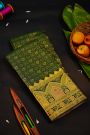 Kancheepuram Silk Bottle Green Saree With Florals And Peacocks In Checks Body