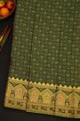 Kancheepuram Silk Bottle Green Saree With Florals And Peacocks In Checks Body