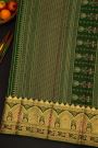 Kancheepuram Silk Bottle Green Saree With Florals And Peacocks In Checks Body