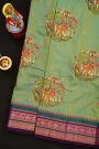 Fusion Kancheepuram Silk Pista Green Saree With Silk Thread Work Body