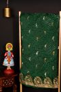 Bandhani Silk Bottle Green Saree With Swans In Bandhani Body