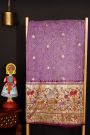 Bandhani Silk Lavender Saree With Florals And Leaves Jaal With Cows Border