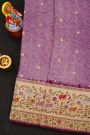 Bandhani Silk Lavender Saree With Florals And Leaves Jaal With Cows Border