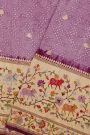 Bandhani Silk Lavender Saree With Florals And Leaves Jaal With Cows Border