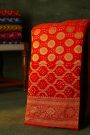 Bandhani Kaddi Georgette Red Saree With Bandhani Dots And Florals Body