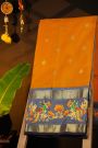 Gadwal Silk Orange Saree With Tanjore Hand Painted Florals And Peacocks Border
