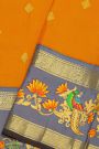Gadwal Silk Orange Saree With Tanjore Hand Painted Florals And Peacocks Border