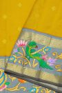 Gadwal Silk Yellow Saree With Tanjore Hand Painted Florals And Elephants Border