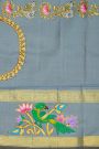 Gadwal Silk Yellow Saree With Tanjore Hand Painted Florals And Elephants Border