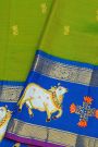 Gadwal Silk Green Saree With Tanjore Hand Painted Florals And Pichwai Cows Border