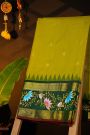 Gadwal Silk Mehendi Green Saree With Tanjore Hand Painted Florals And Birds Border
