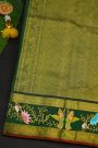 Gadwal Silk Mehendi Green Saree With Tanjore Hand Painted Florals And Birds Border