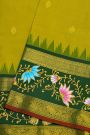 Gadwal Silk Mehendi Green Saree With Tanjore Hand Painted Florals And Birds Border