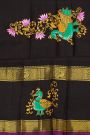Gadwal Silk Sky Blue Saree With Tanjore Hand Painted Florals And Peacocks Border