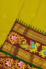 Gadwal Silk Parrot Green Saree With Tanjore Hand Painted Floral Jaal Border