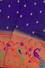 Narayanpet Silk Royal Blue Saree With Florals And Peacocks In Paithani Border